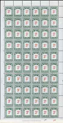 Seychelles 1964-65 Postage Due 3c scarlet & green wmk block CA complete sheet of 60 unmounted mint, SG D10, stamps on 