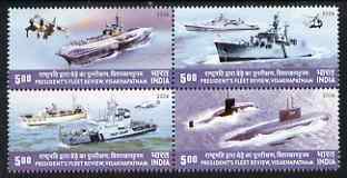 India 2006 Review of the Fleet perf se-tenant block of 4 unmounted mint, stamps on ships, stamps on submarines, stamps on flat-tops, stamps on aviation, stamps on helicopters