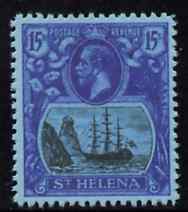 St Helena 1922-37 KG5 Badge 15s,  Maryland perf forgery unused as SG 113 - the word Forgery is either handstamped or printed on the back and comes on a presentation card ..., stamps on maryland, stamps on forgery, stamps on forgeries, stamps on , stamps on  kg5 , stamps on , stamps on ships