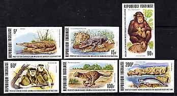 Togo 1977 Endangered Wildlife imperf set of 6 from limited printing unmounted mint, as SG 1216-21, stamps on animals, stamps on  wwf , stamps on crocodiles, stamps on apes, stamps on leopards, stamps on cats
