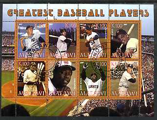 Malawi 2007 Greatest Baseball Players perf sheetlet containing 8 values fine cto used, stamps on sport, stamps on baseball
