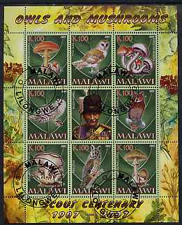 Malawi 2007 Owls & Mushrooms perf sheetlet containing 8 values plus label (Scout Centenary) fine cto used, stamps on birds, stamps on birds of prey, stamps on owls, stamps on fungi, stamps on scouts