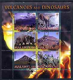 Malawi 2007 Volcanoes & Dinosaurs #1 perf sheetlet containing 6 values each with Scout Logo fine cto used, stamps on volcanoes, stamps on dinosaurs, stamps on scouts