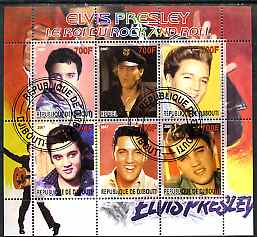 Djibouti 2007 Elvis Presley - King of Rock n Roll #1 perf sheetlet containing 6 values fine cto used, stamps on films, stamps on cinema, stamps on movies, stamps on elvis, stamps on music, stamps on 