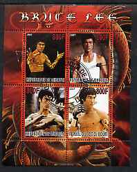 Djibouti 2007 Bruce Lee perf sheetlet containing 4 values fine cto used , stamps on personalities, stamps on sport, stamps on martial arts, stamps on films, stamps on cinema