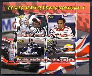 Benin 2007 Lewis Hamilton Formula 1 perf sheetlet containing 4 values fine cto used, stamps on personalities, stamps on sport, stamps on cars, stamps on  f1 , stamps on 