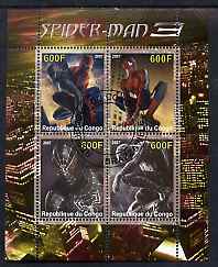 Congo 2007 Spiderman perf sheetlet containing 4 values fine cto used, stamps on entertainments, stamps on films, stamps on cinema, stamps on comics, stamps on fantasy, stamps on sci-fi