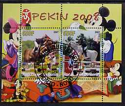 Benin 2007 Beijing Olympic Games #01 - Show Jumping (1) perf s/sheet containing 2 values (Disney characters in background) fine cto used, stamps on sport, stamps on olympics, stamps on disney, stamps on horses, stamps on show jumping