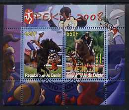 Benin 2007 Beijing Olympic Games #03 - Show Jumping (3) perf s/sheet containing 2 values (Disney characters in background) fine cto used, stamps on sport, stamps on olympics, stamps on disney, stamps on horses, stamps on show jumping