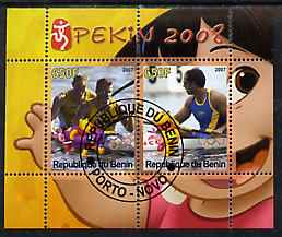 Benin 2007 Beijing Olympic Games #06 - Rowing (3) perf s/sheet containing 2 values (Disney characters in background) fine cto used, stamps on sport, stamps on olympics, stamps on rowing, stamps on disney
