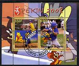 Benin 2007 Beijing Olympic Games #07 - Baseball (1) perf s/sheet containing 2 values (Disney characters in background) fine cto used, stamps on sport, stamps on olympics, stamps on disney, stamps on baseball