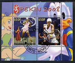 Benin 2007 Beijing Olympic Games #11 - Tennis (2) perf s/sheet containing 2 values (Disney characters in background) fine cto used, stamps on sport, stamps on olympics, stamps on disney, stamps on tennis
