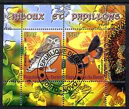 Benin 2007 Butterflies & Owls #1 perf s/sheet containing 2 values fine cto used , stamps on butterflies, stamps on birds, stamps on birds of prey, stamps on owls