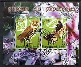Benin 2007 Butterflies & Owls #3 perf s/sheet containing 2 values fine cto used , stamps on butterflies, stamps on birds, stamps on birds of prey, stamps on owls