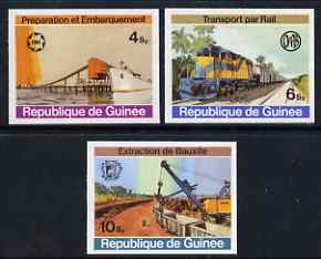 Guinea - Conakry 1974 Bauxite Mining imperf set of 3 from a limited printing unmounted mint as SG 843-45, stamps on mining, stamps on harbours, stamps on ships, stamps on railways