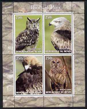 Benin 2005 Birds of Prey perf sheetlet containing 4 values unmounted mint, stamps on birds, stamps on birds of prey, stamps on owls