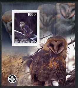 Benin 2007 Owls #1 imperf m/sheet with Scout Logo, unmounted mint, stamps on scouts, stamps on owls, stamps on birds, stamps on birds of prey