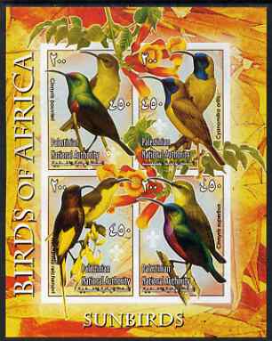 Palestine (PNA) 2005 Birds of Africa - Sunbirds imperf sheetlet containing 4 values each with Scout Logo unmounted mint. Note this item is privately produced and is offered purely on its thematic appeal, stamps on birds, stamps on scouts