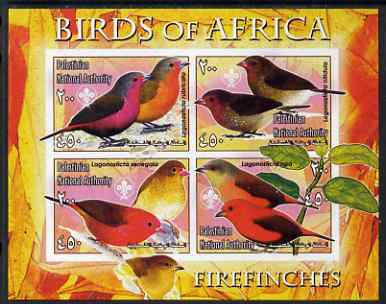 Palestine (PNA) 2005 Birds of Africa - Firefinches imperf sheetlet containing 4 values each with Scout Logo unmounted mint. Note this item is privately produced and is of..., stamps on birds, stamps on scouts