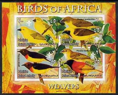 Palestine (PNA) 2005 Birds of Africa - Weavers imperf sheetlet containing 4 values each with Scout Logo unmounted mint. Note this item is privately produced and is offered purely on its thematic appeal, stamps on birds, stamps on scouts
