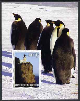 Djibouti 2005 Lighthouses #1 perf s/sheet (with Penguins as background) unmounted mint, stamps on lighthouses, stamps on birds, stamps on penguins, stamps on polar
