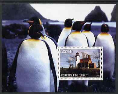 Djibouti 2005 Lighthouses #2 perf s/sheet (with Penguins as background) unmounted mint, stamps on lighthouses, stamps on birds, stamps on penguins, stamps on polar