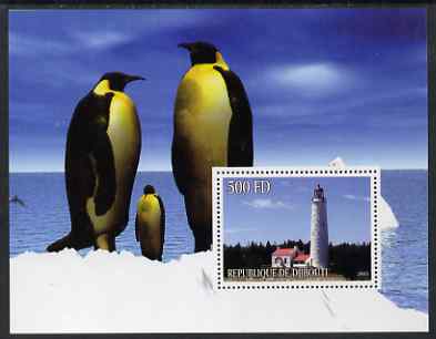 Djibouti 2005 Lighthouses #3 perf s/sheet (with Penguins as background) unmounted mint, stamps on lighthouses, stamps on birds, stamps on penguins, stamps on polar
