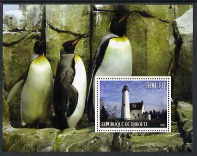 Djibouti 2005 Lighthouses #4 perf s/sheet (with Penguins as background) unmounted mint, stamps on lighthouses, stamps on birds, stamps on penguins, stamps on polar