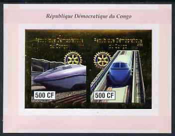 Congo 2003 High Speed Trains imperf sheetlet containing 2 x 500 CF values with embossed gold background & Rotary Logo, unmounted mint, stamps on railways, stamps on rotary  