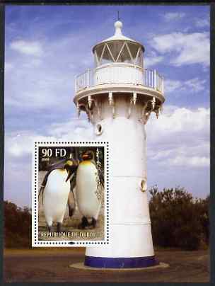Djibouti 2004 Penguins #3 (Lighthouse in background) perf m/sheet unmounted mint, stamps on lighthouses, stamps on birds, stamps on penguins, stamps on polar