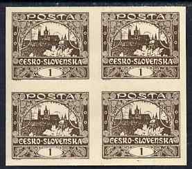 Czechoslovakia 1918-19 Hradcany Castle 1h chocolate imperf block of 4 unmounted mint but minor wrinkles, SG3, stamps on , stamps on  stamps on castles