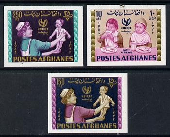 Afghanistan 1964 UNICEF set of 3 values imperforate, unmounted mint*, stamps on children     unicef    united-nations