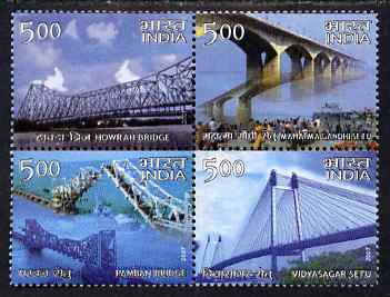 India 2007 Landmark Bridges of India perf se-tenant block of 4 unmounted mint, stamps on bridges, stamps on civil engineering
