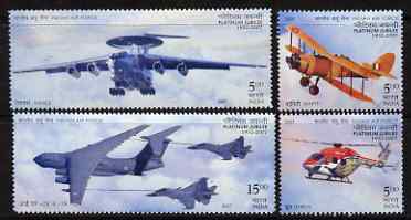 India 2007 Indian Ar Force Platinum Jubilee perf set of 4 unmounted mint, stamps on aviation, stamps on helicopters