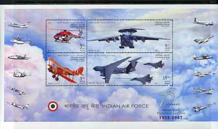 India 2007 Indian Ar Force Platinum Jubilee perf m/sheet unmounted mint, stamps on aviation, stamps on helicopters