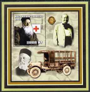 Mozambique 2002 Scientist Doctors perf s/sheet containing 1 value unmounted mint (Henri Dunant with Red Cross & Lions logos), stamps on personalities, stamps on medical, stamps on scientists, stamps on red cross, stamps on lions int, stamps on trucks, stamps on ambulances