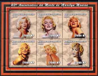 Mozambique 2002 40th Anniversary of Death of Marilyn Monroe perf sheetlet containing 6 values unmounted mint (6 x 17,000 MT) Yv 1942-47, stamps on personalities, stamps on women, stamps on films, stamps on cinema, stamps on movies, stamps on marilyn, stamps on marilyn monroe