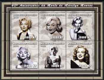 Mozambique 2002 40th Anniversary of Death of Marilyn Monroe perf sheetlet containing 6 values unmounted mint (6 x 15,000 MT) Yv 1936-41, stamps on personalities, stamps on women, stamps on films, stamps on cinema, stamps on movies, stamps on marilyn, stamps on marilyn monroe