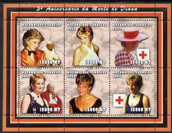 Mozambique 2002 5th Anniversary of Death of Princess Diana perf sheetlet containing 6 values unmounted mint (6 x 15,000 MT) Yv 1948-53, stamps on personalities, stamps on royalty, stamps on diana, stamps on red cross, stamps on pope