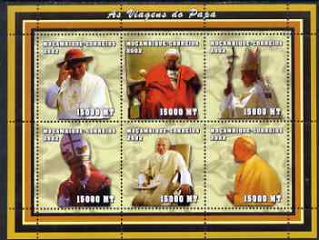 Mozambique 2002 Pope John Paul II - the Traveller perf sheetlet containing 6 values unmounted mint (6 x 15,000 MT) Yv 2054-59, stamps on personalities, stamps on pope, stamps on religion
