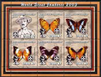 Mozambique 2002 World Scout Jamboree #1 perf sheetlet containing 6 values unmounted mint (with Butterflies) Yv 1954-59, stamps on personalities, stamps on scouts, stamps on butterflies
