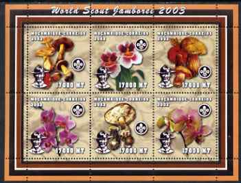 Mozambique 2002 World Scout Jamboree #2 perf sheetlet containing 6 values unmounted mint (with Orchids & Fungi) Yv 1960-5, stamps on personalities, stamps on scouts, stamps on orchids, stamps on flowers, stamps on fungii