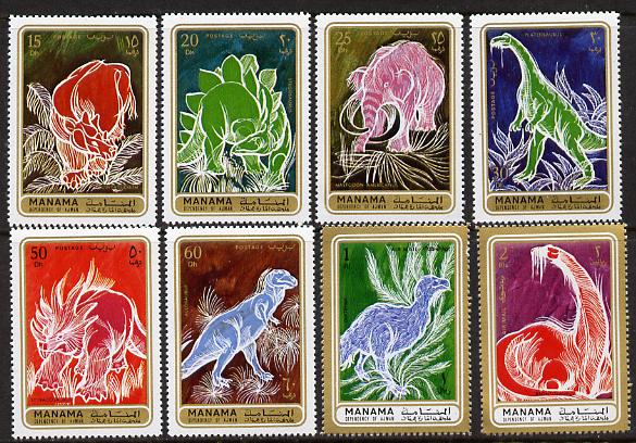 Manama 1971 Prehistoric Animals perf set of 8 unmounted mint (Mi 681-88A) , stamps on , stamps on  stamps on animals  dinosaurs
