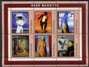 Guinea - Bissau 2001 Paintings by Rene Magritte perf sheetlet containing 6 values unmounted mint Mi 1684-89, stamps on arts, stamps on magritte