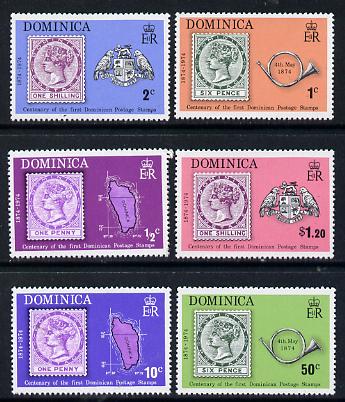 Dominica 1974 Stamp Centenary perf set of 6 unmounted mint, SG 415-20, stamps on maps, stamps on stamp on stamp, stamps on stamp centenary, stamps on stamponstamp