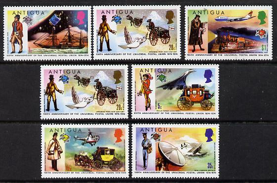 Antigua 1974 Centenary of Universal Postal Union set of 7 unmounted mint, SG 386-92, stamps on aviation   postal  science  ships  space  transport  upu    postman     concorde      helicopter    seaplane