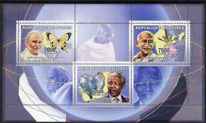 Guinea - Conakry 2006 The Humanitarians perf sheetlet containing 3 values (Pope, Gandhi & Mandela) unmounted mint Yv 2697-99, stamps on personalities, stamps on pope, stamps on gandhi, stamps on religion, stamps on butterflies, stamps on orchids, stamps on minerals, stamps on nobel, stamps on personalities, stamps on mandela, stamps on nobel, stamps on peace, stamps on racism, stamps on human rights