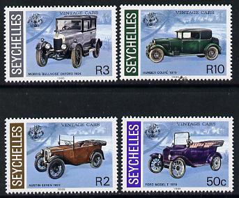 Seychelles 1985 Vintage Cars set of 4 unmounted mint, SG 628-31 (blocks or gutter pairs pro-rata), stamps on cars, stamps on ford, stamps on austin, stamps on morris, stamps on humber