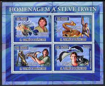 St Thomas & Prince Islands 2007 Tribute to Steve Irwin perf sheetlet containing 4 values unmounted mint , stamps on personalities, stamps on reptiles, stamps on fish, stamps on snakes, stamps on crocodiles, stamps on whales, stamps on snake, stamps on snakes, stamps on 