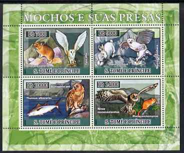 St Thomas & Prince Islands 2007 Owls & Their Prey perf sheetlet containing 4 values unmounted mint , stamps on birds, stamps on birds of prey, stamps on owls, stamps on fish, stamps on rabbits, stamps on mice, stamps on rodents